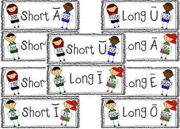 Phonics Anchor Posters for Focus Wall Long and Short Vowels A, E, I ,O, U