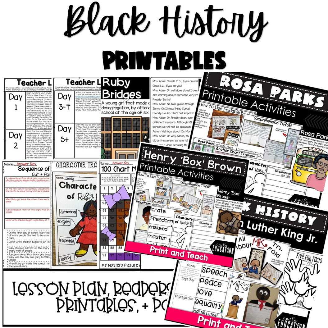 Black History Month Activities, Rosa Parks, Ruby Bridges, MLK, Henry "Box" Brown