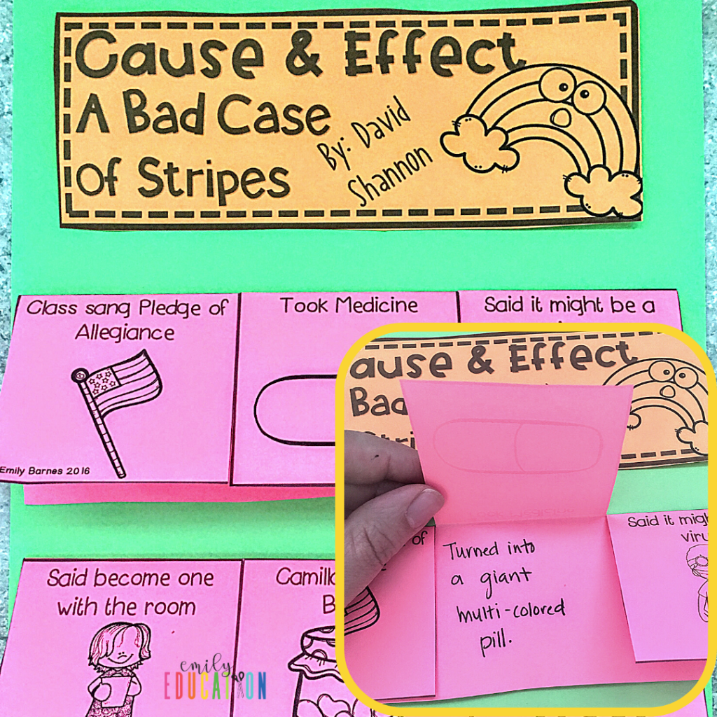 While working through A Bad Case Of Stripes book study, have your students create this super effective cause and effect flip flap activity to help them remember the sequence of events from the story.