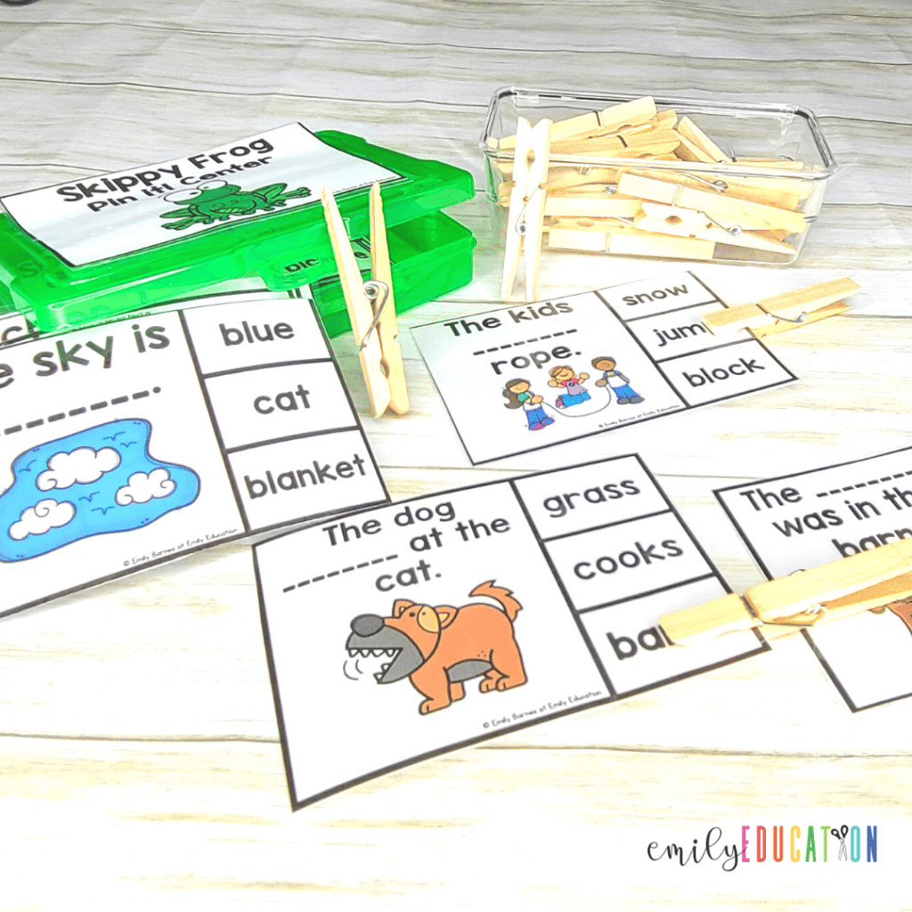 Use the Skippy Frog decoding strategy cards to help students identify the correct words to complete sentences.