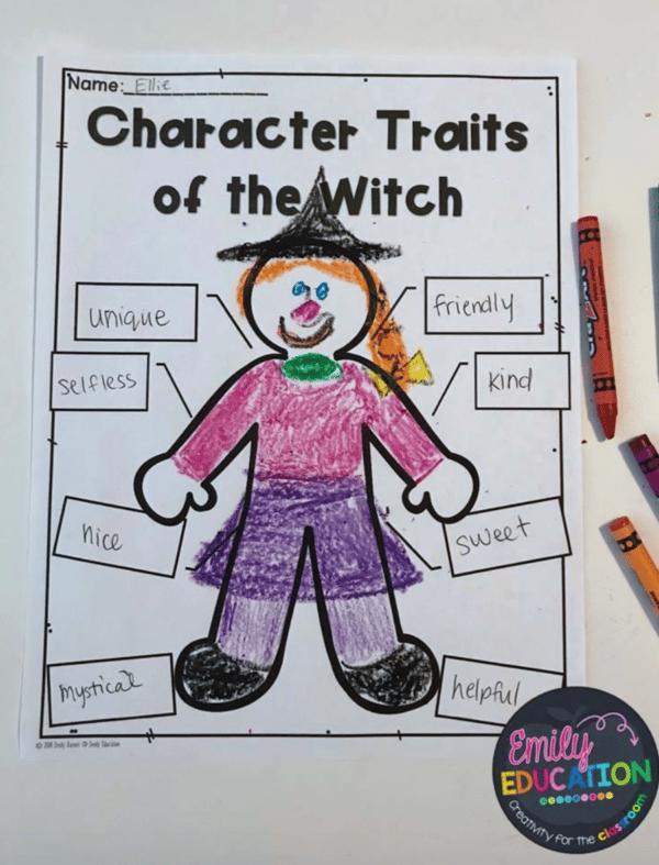 This Room on the Broom activity dives deeper into the main characters traits! The students will draw and color in their own unique witch. Then they will list off some of her unique traits from the story! 
