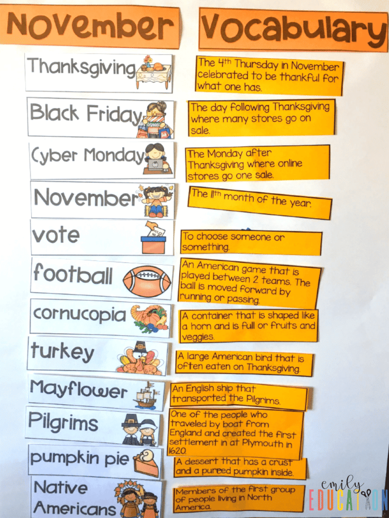 This November vocabulary anchor chart is filled with words that are perfect for this month and season