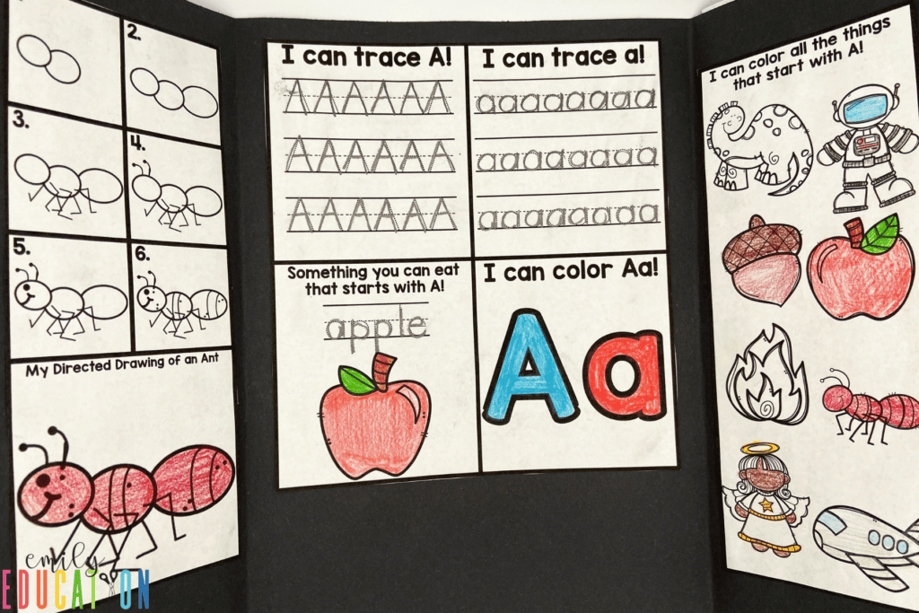 The inside of the letter A folder craft includes a beginning sounds, letter formation and directed drawing activity.